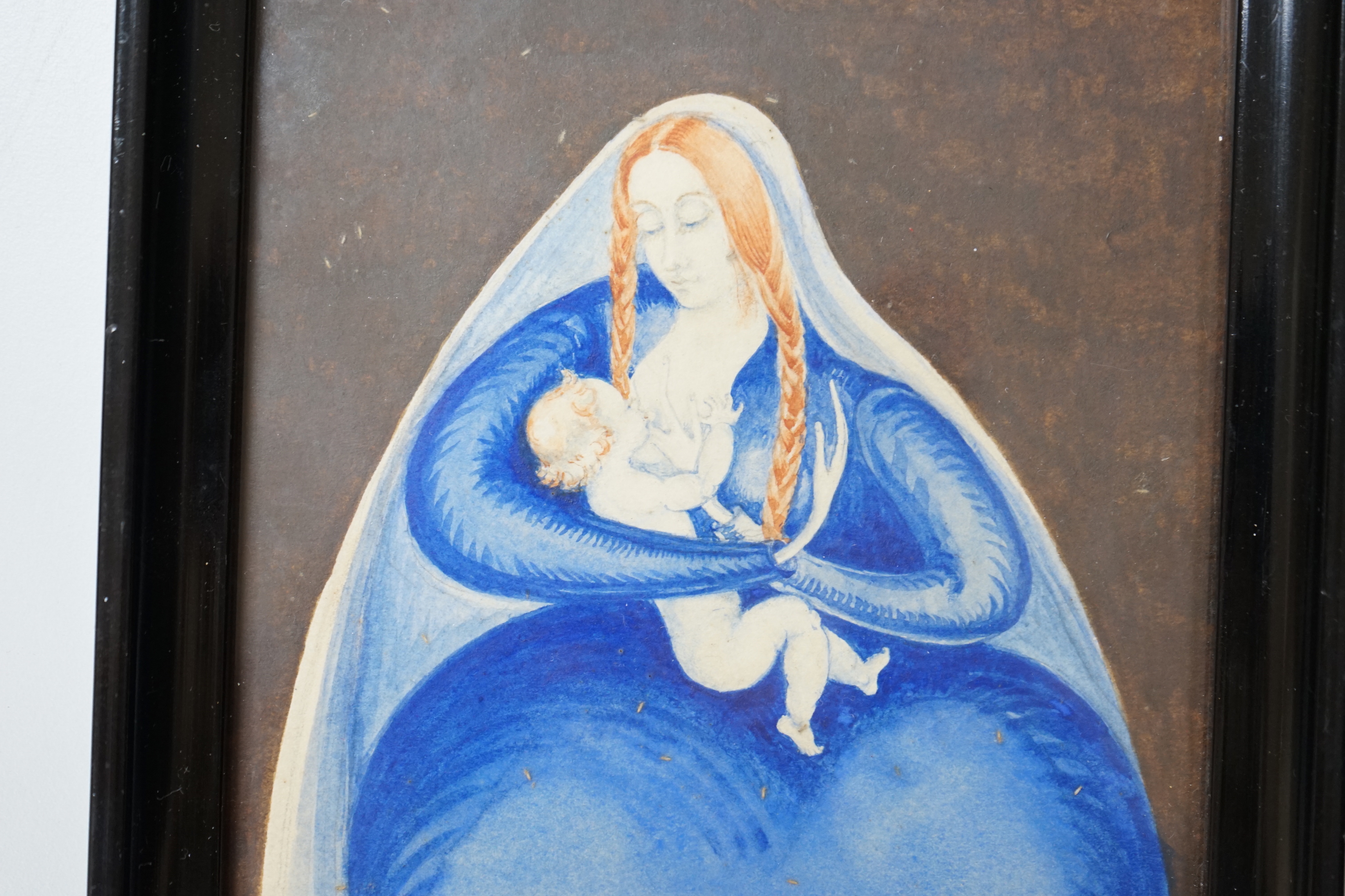 German School, watercolour on card, The Virgin and child, Karl Nagel label and indistinct ink inscription verso, 14 x 13cm, housed in an ebonised frame